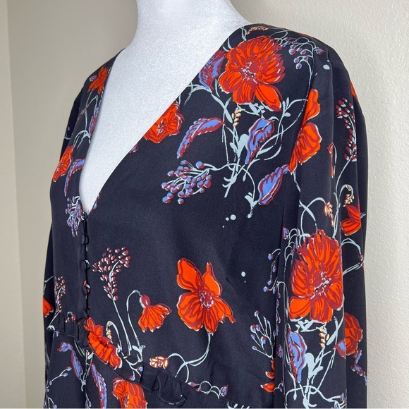 Madewell Navy Blue Windblown Poppies Floral Silk 3/4 Sleeve Ruffle Dress 14 NWT - Picture 6 of 14